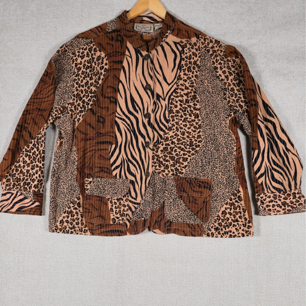 New Direction Woman 3X Patchwork Animal Print Button Front Shirt Top Cotton